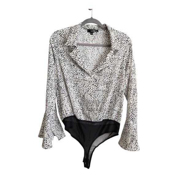 LuLu's Always Lovely Ivory and Black Print Long Sleeve Bodysuit Size Large - Picture 1 of 12